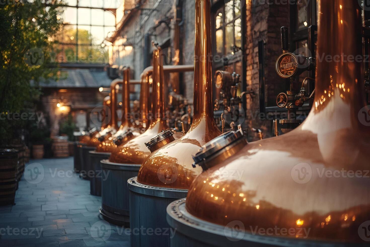 Copper stills in a distillery producing alcoholic beverages. photo