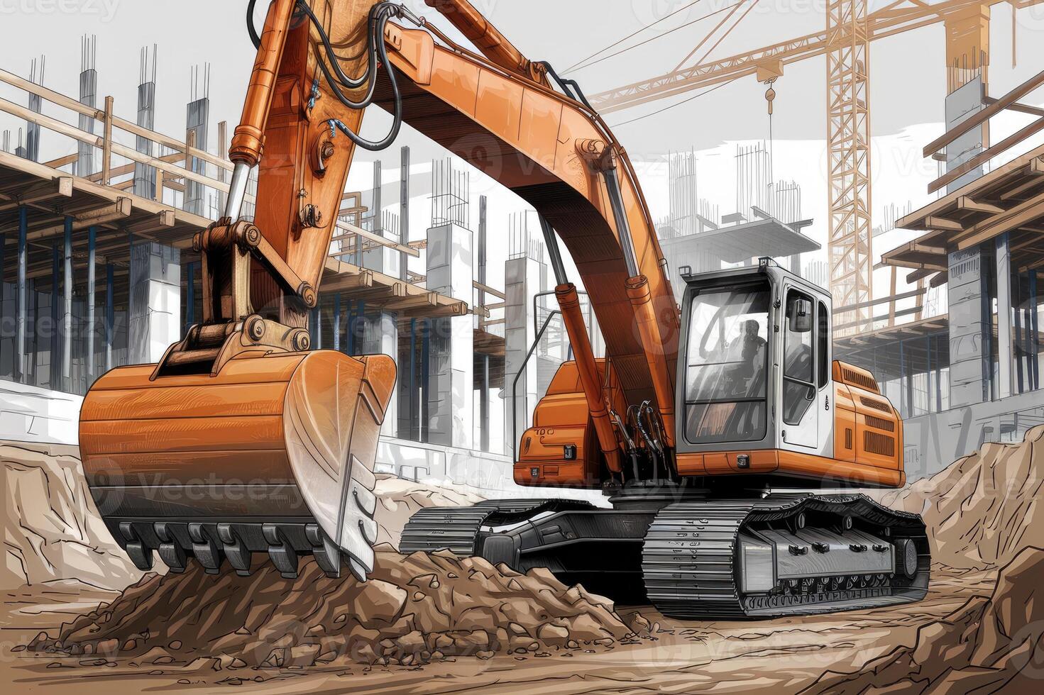 Excavator digging at construction site with crane and building under construction photo