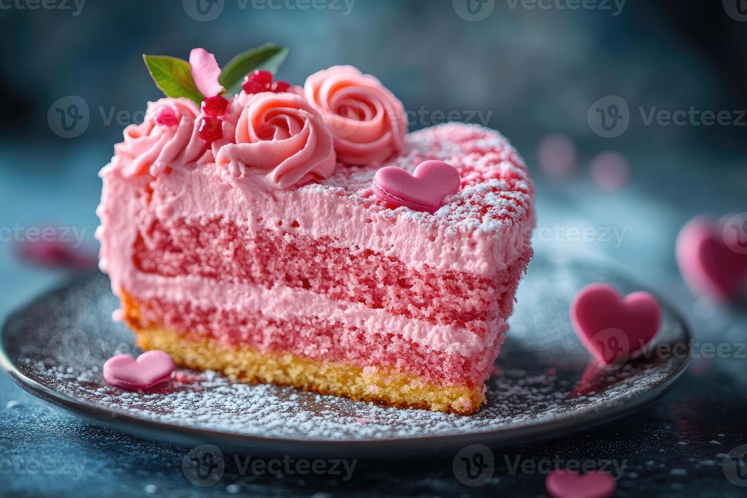 Delicious heart-shaped cake decorated with pink roses photo