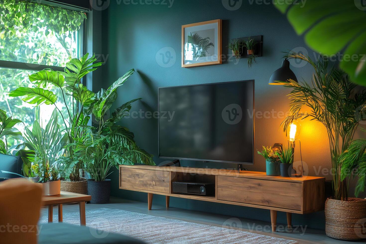 Modern living room decorated with lush tropical plants and teal walls photo