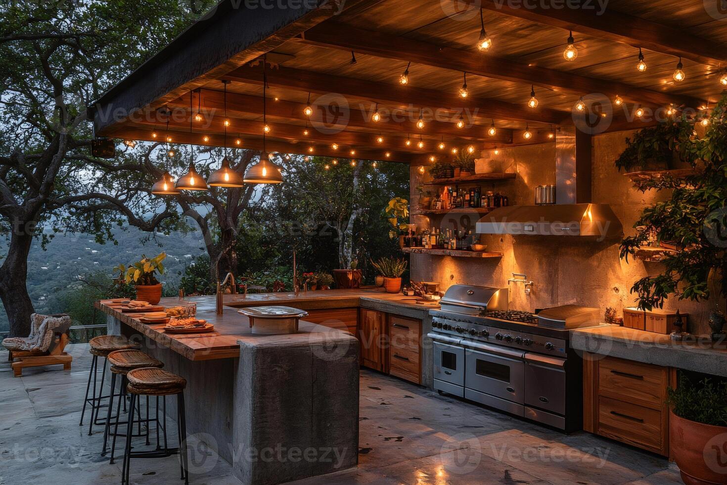 Modern outdoor kitchen illuminating a luxurious rustic dinner setting photo
