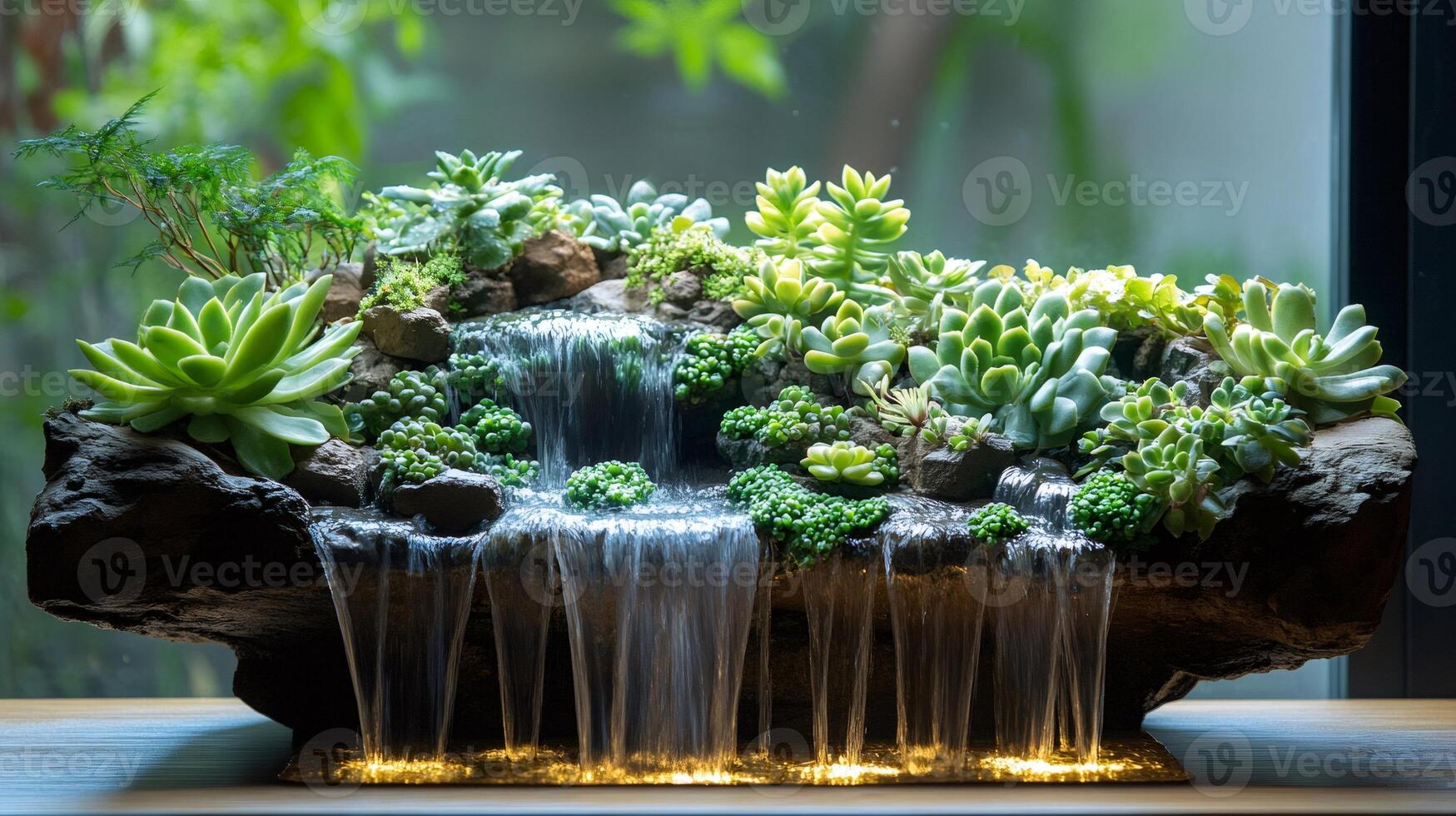 Miniature waterfall cascading over lush succulents in indoor garden photo