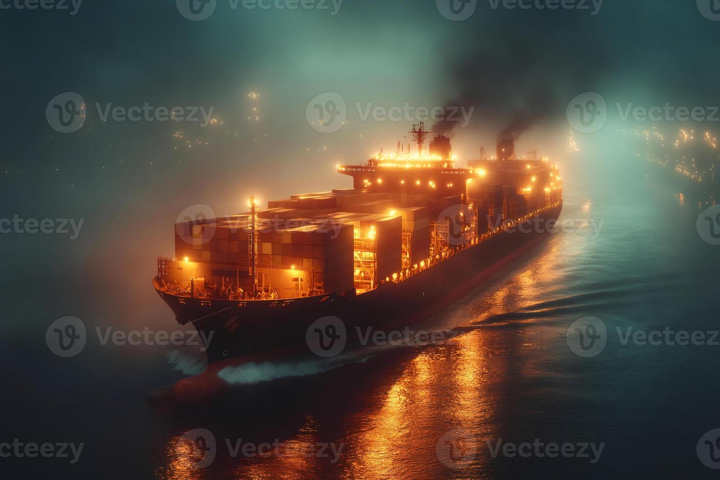 Large container ship sailing at night, global trade and logistics photo