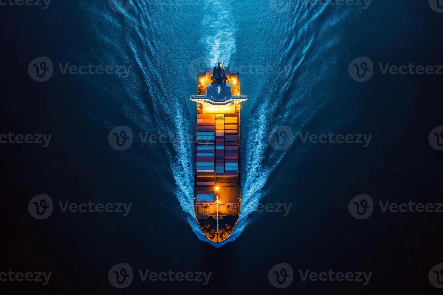 Large container ship sailing across dark blue ocean at night photo