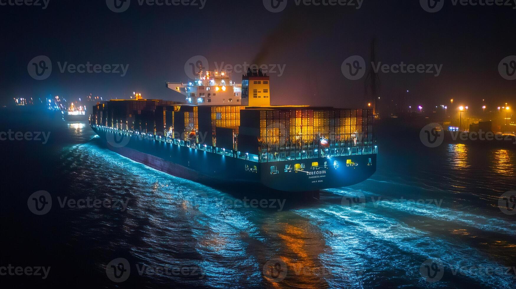 Large container ship sailing at night near the port photo