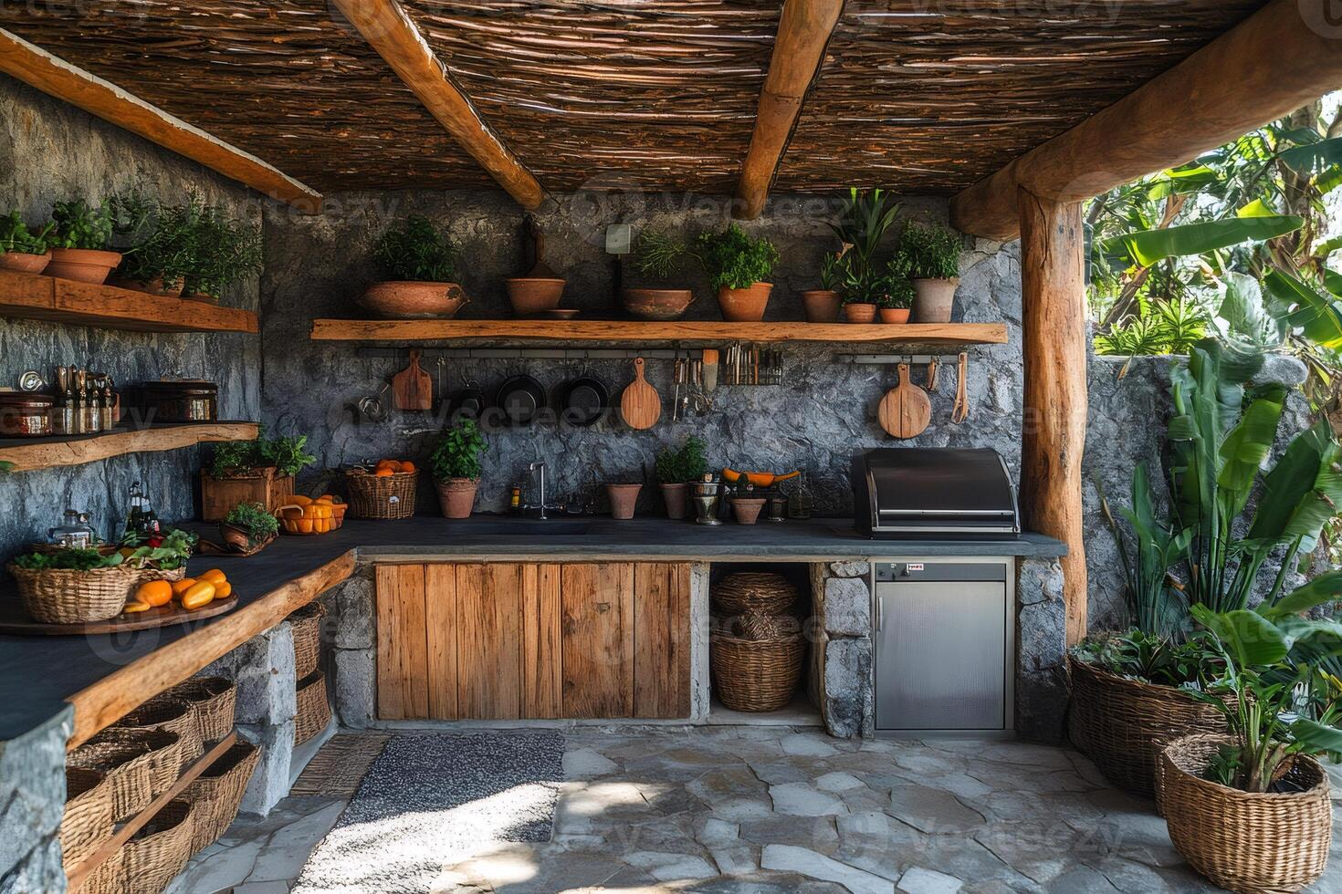Outdoor rustic kitchen showing stone walls, wooden beams, and hanging utensils photo