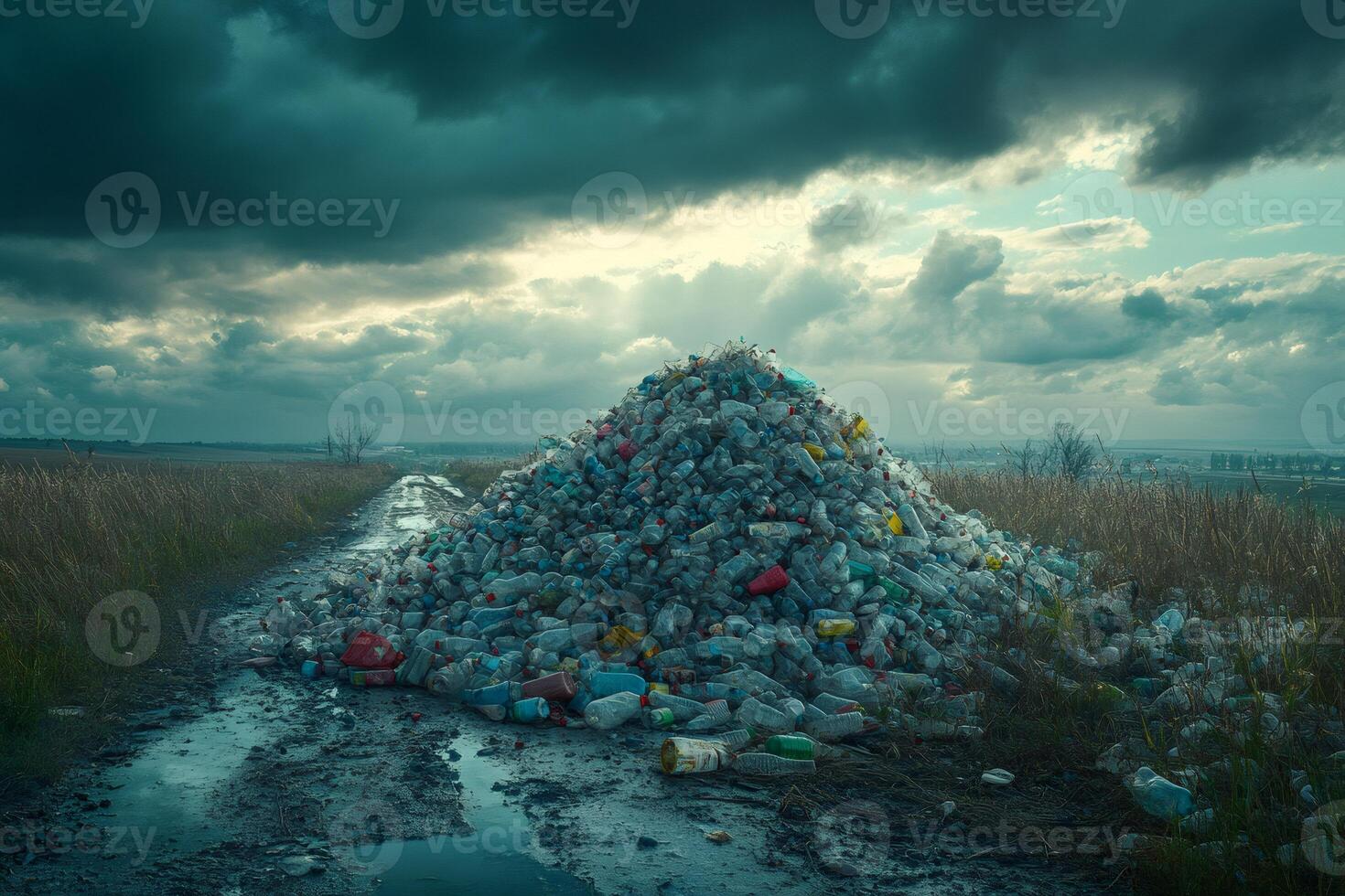 Plastic waste polluting the environment under stormy sky photo