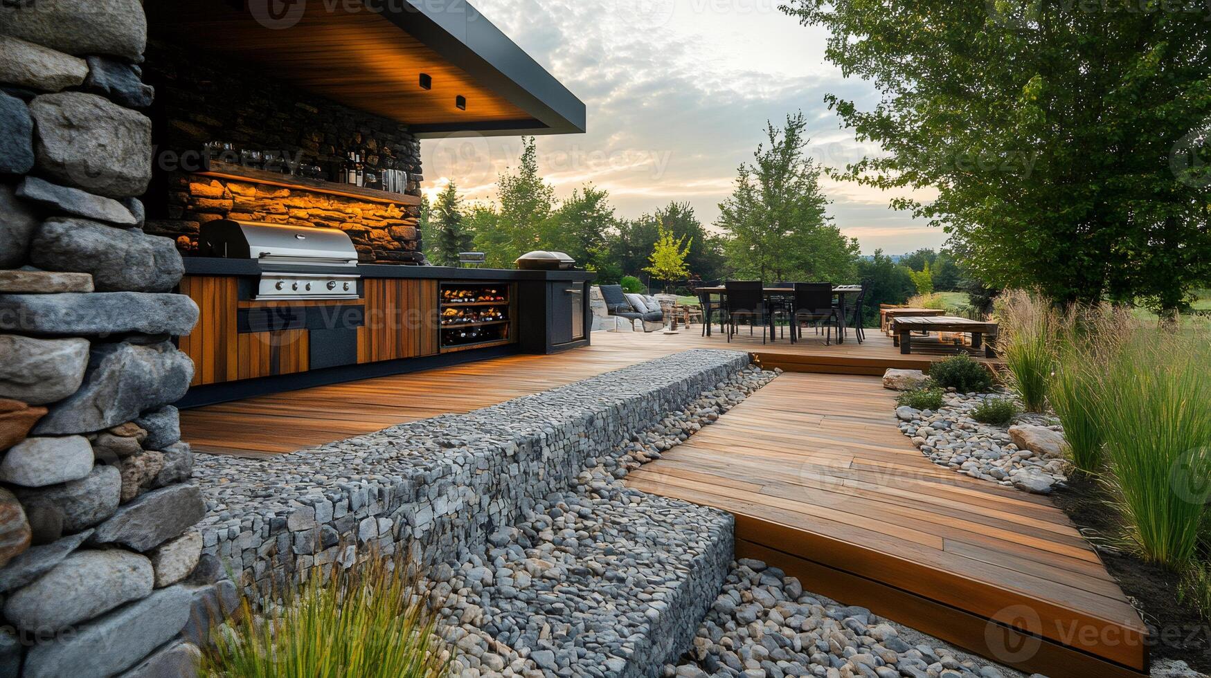 Modern outdoor kitchen and deck with gabion retaining wall at sunset photo
