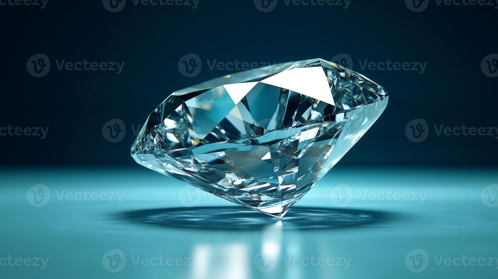 Large clear sparkling diamond resting on reflective surface photo