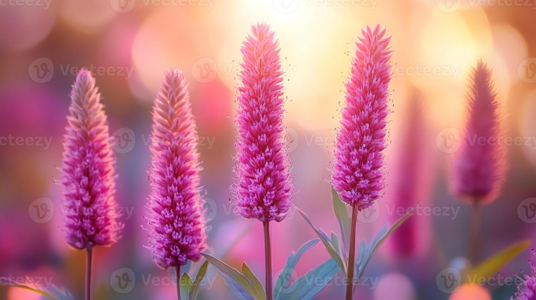 Pink flowers blooming in a field at sunset creating a beautiful bokeh effect photo