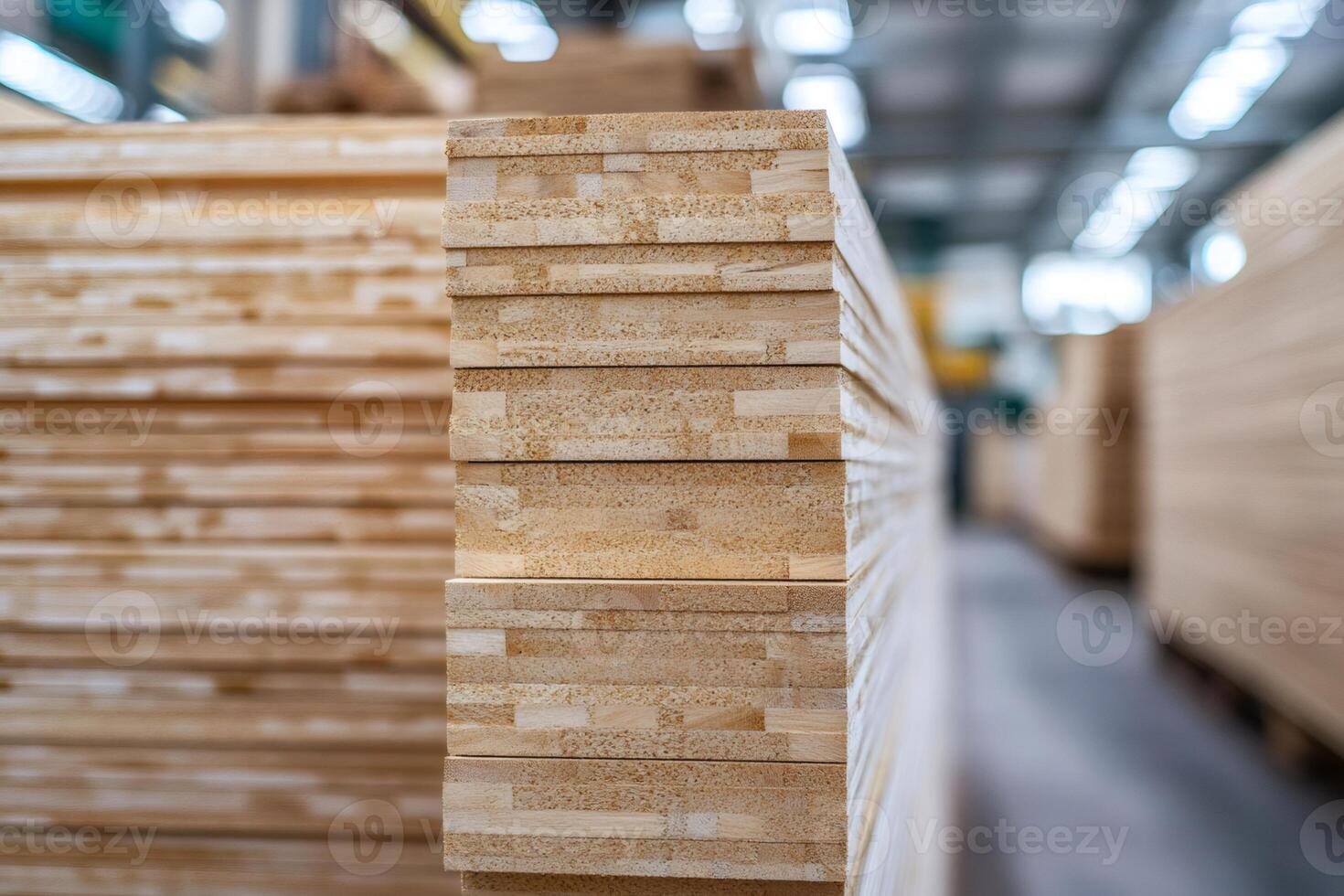 Stack of glued wood panels in a furniture factory photo