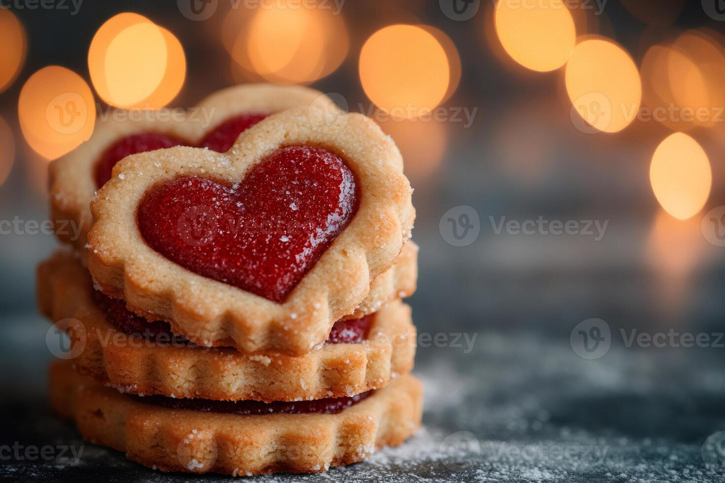 Heart shaped cookies with jelly filling creating romantic atmosphere photo