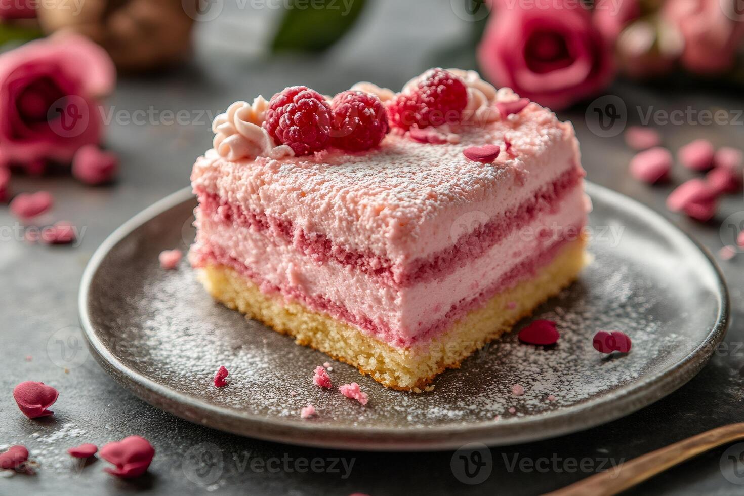 Delicious raspberry mousse cake garnished with fresh raspberries and icing sugar photo