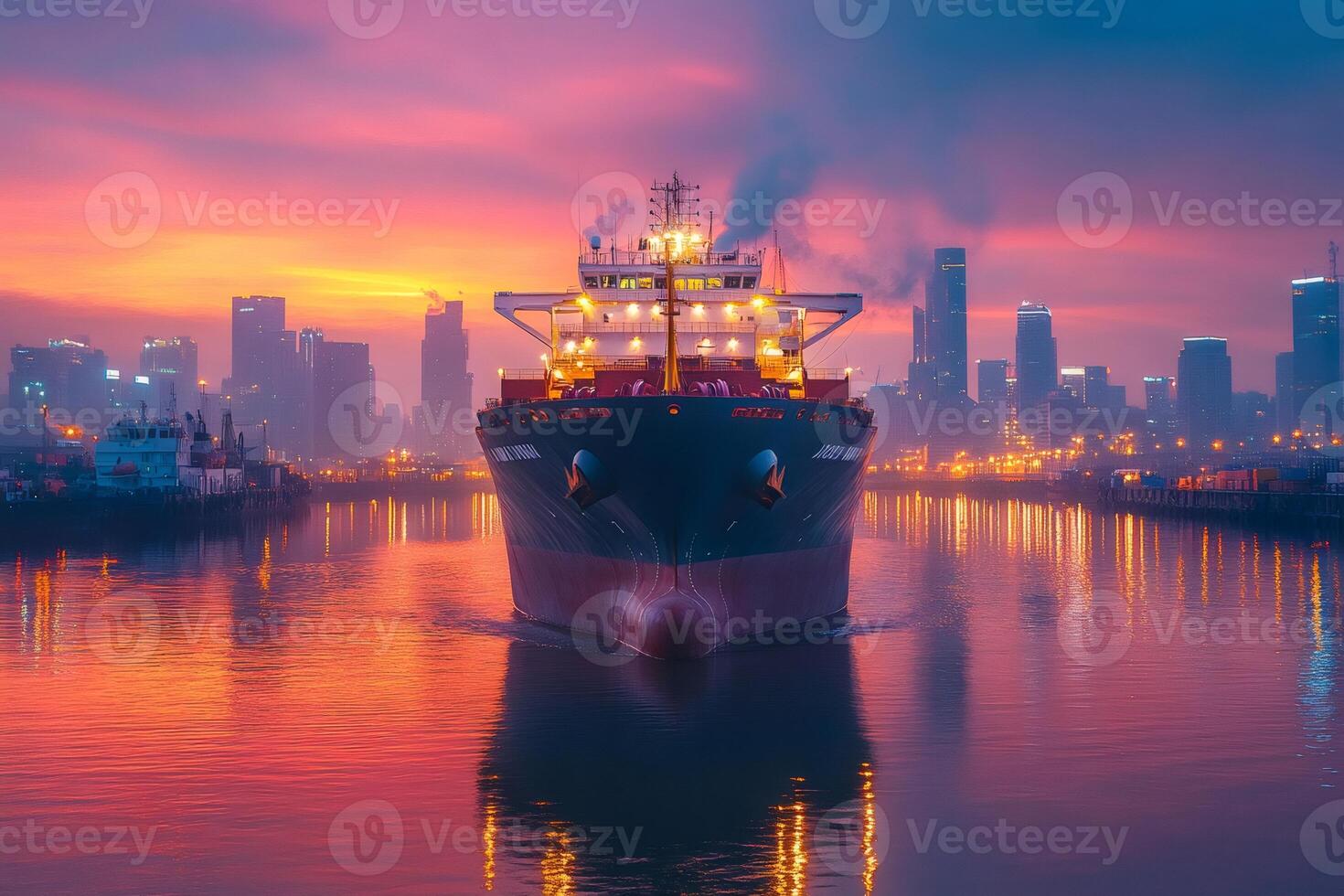 Large container ship sailing at dawn in urban skyline port photo