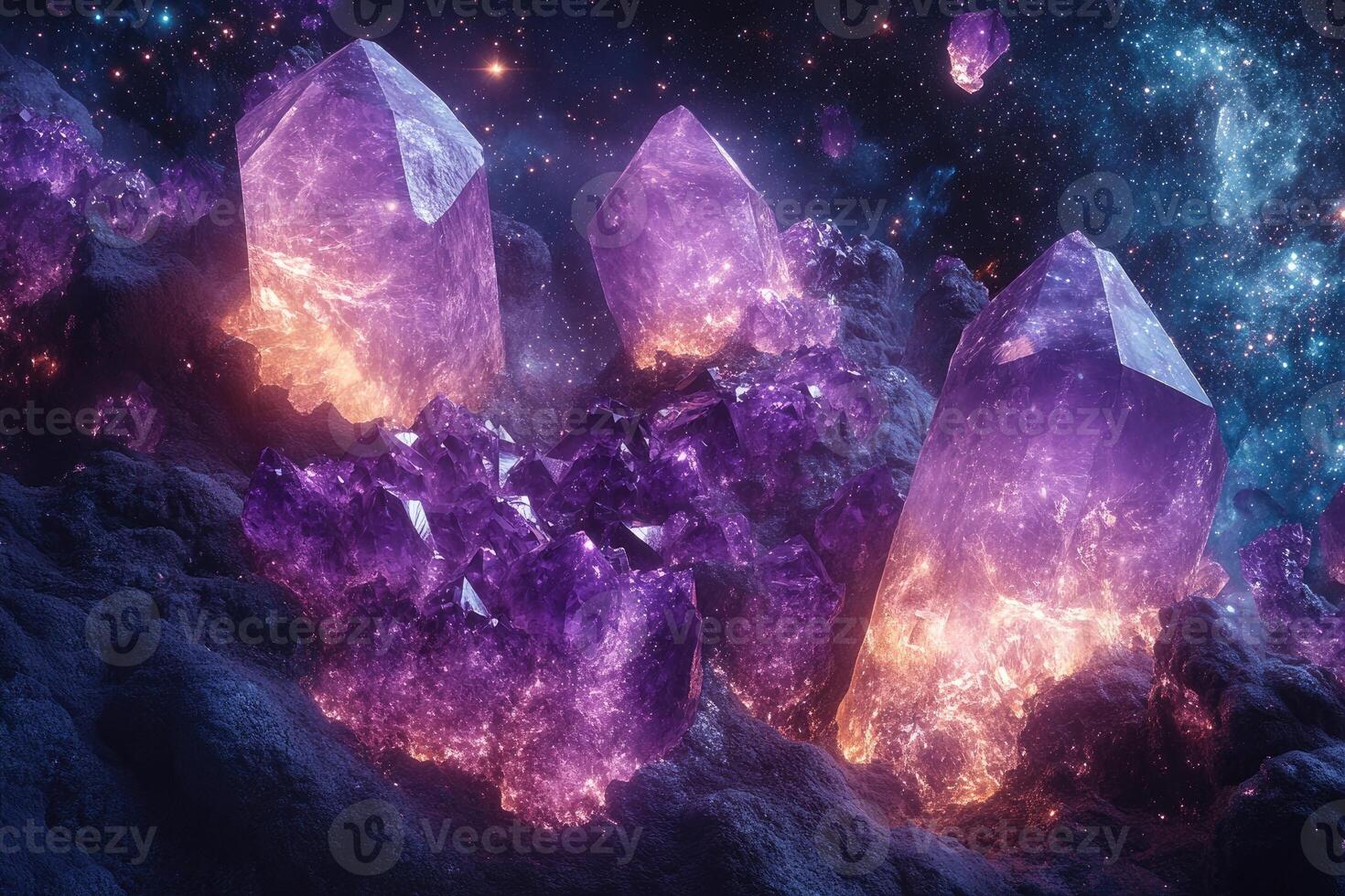 Large amethyst crystals shining under a starry sky. photo