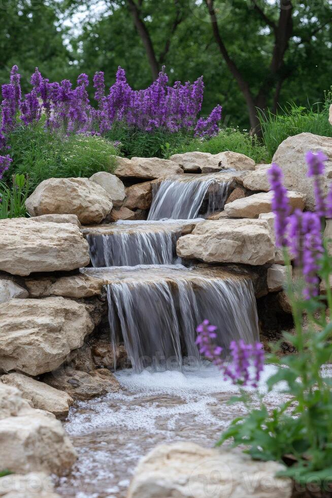 Cascading waterfall enhancing garden serenity with purple flowers photo