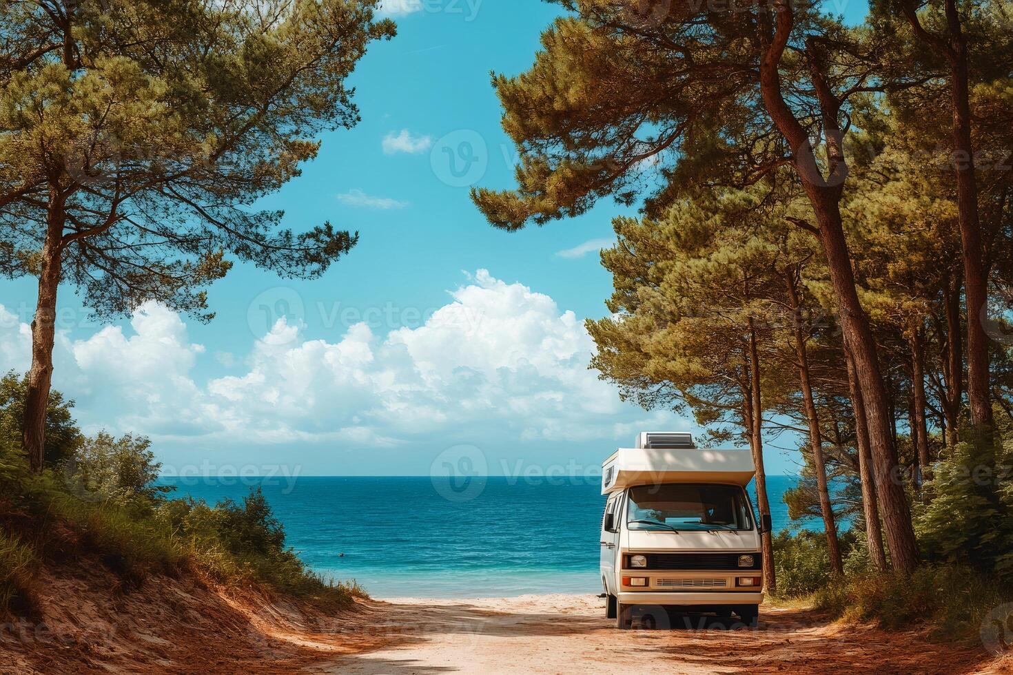 Camper van enjoying stunning ocean view in a pine forest photo