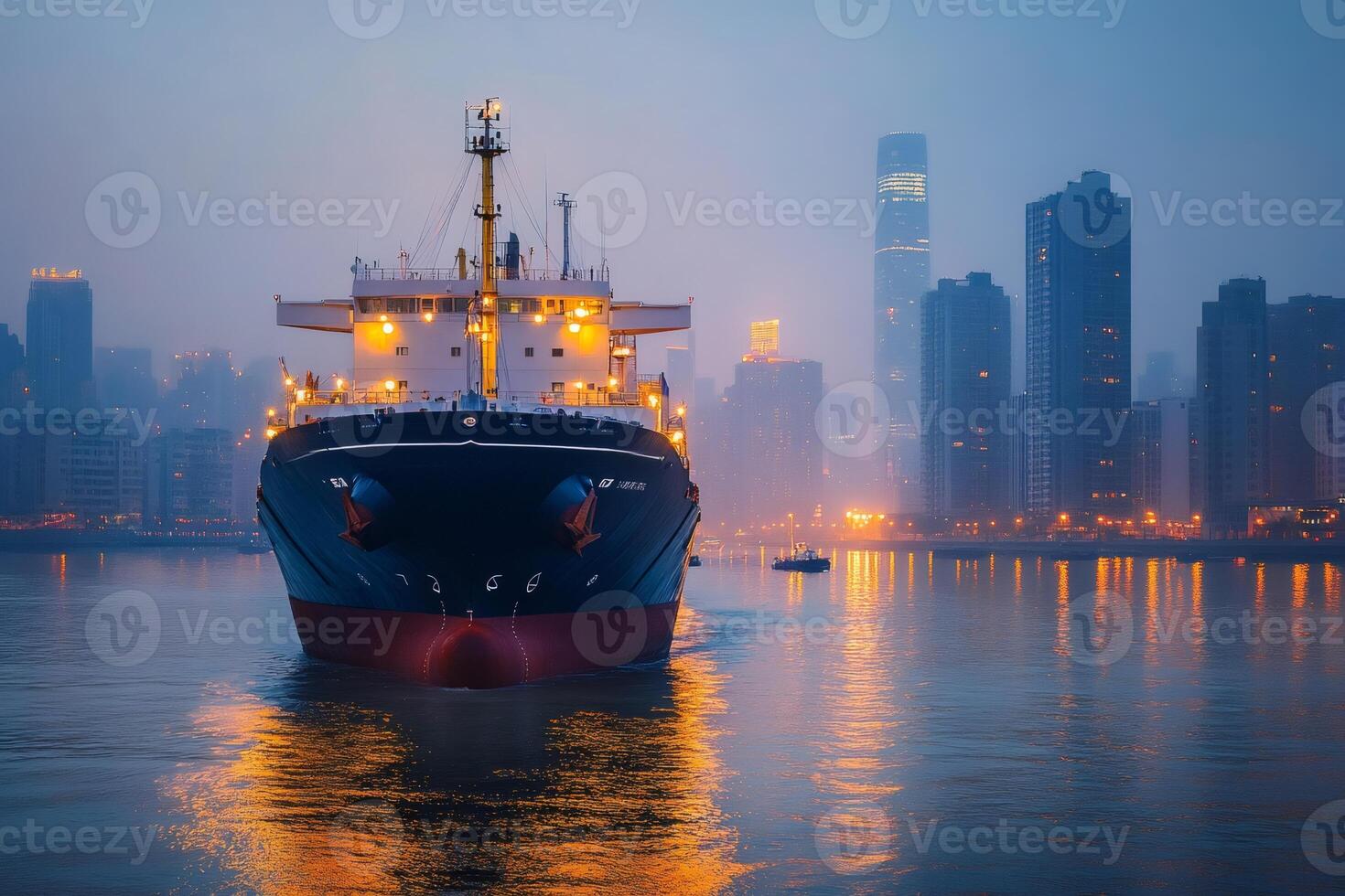 Large container ship sailing on river at dusk with city skyline in background photo