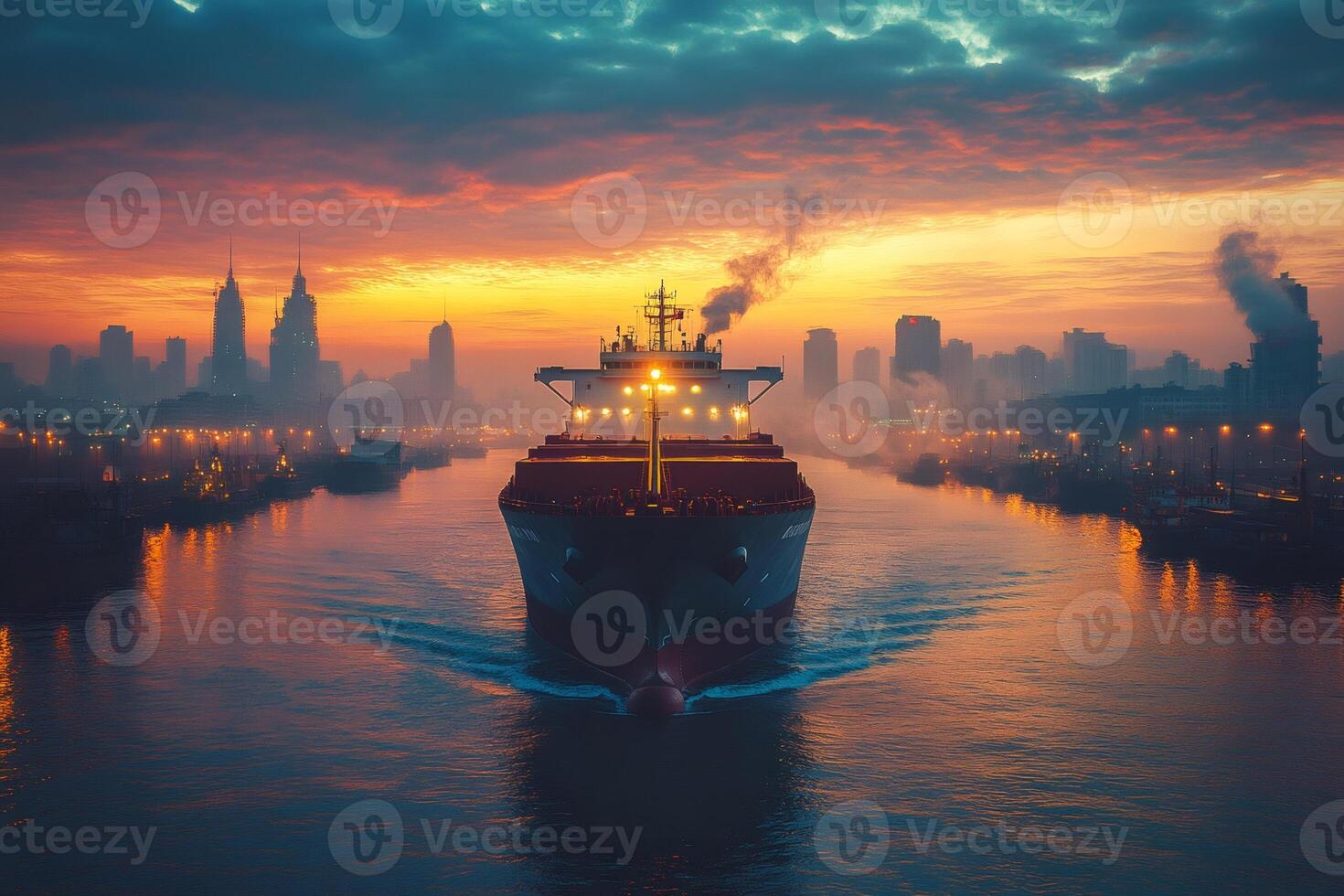 Large container ship sailing on river at sunrise with city skyline in background photo