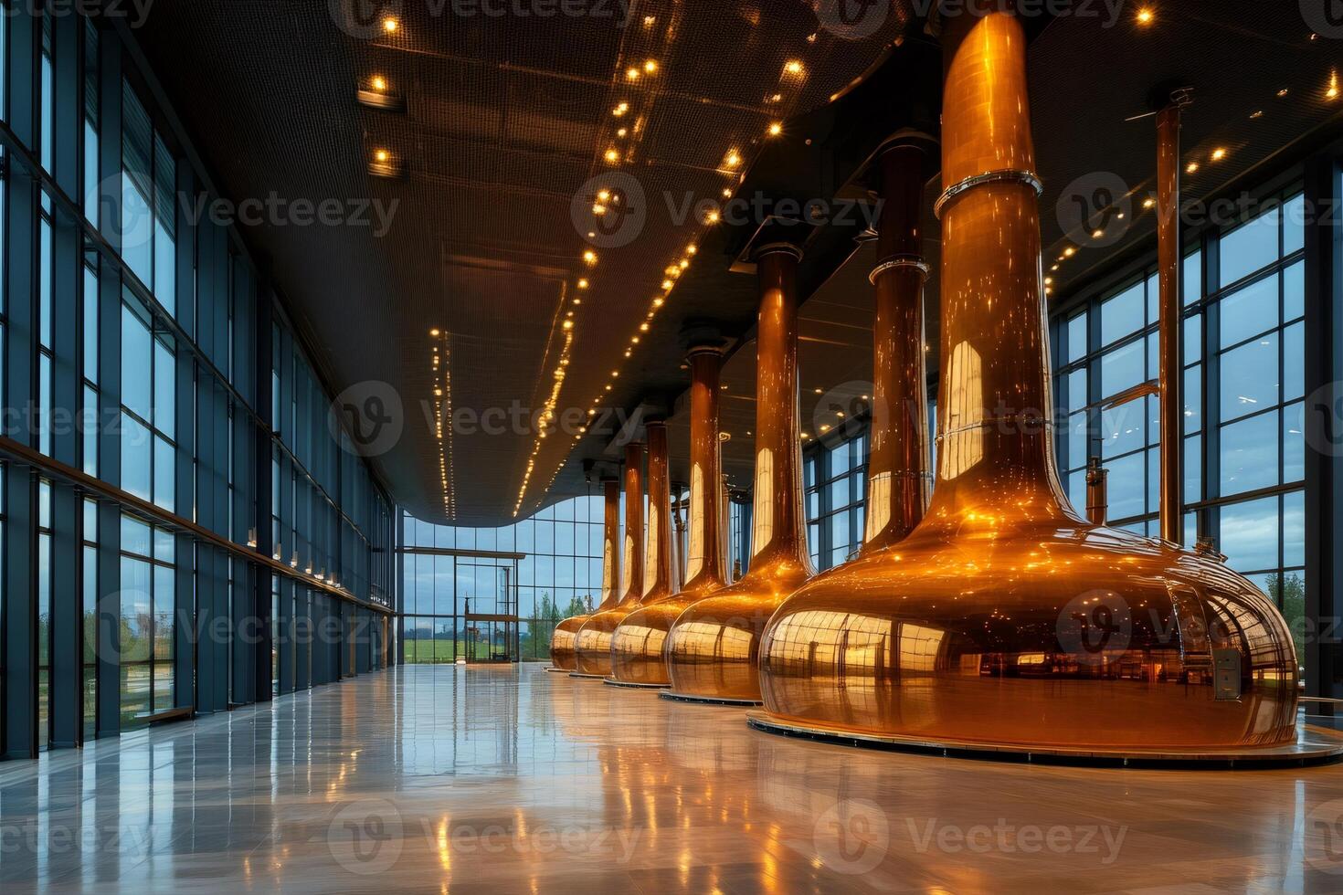 Copper fermentation tanks reflecting lights inside modern brewery photo