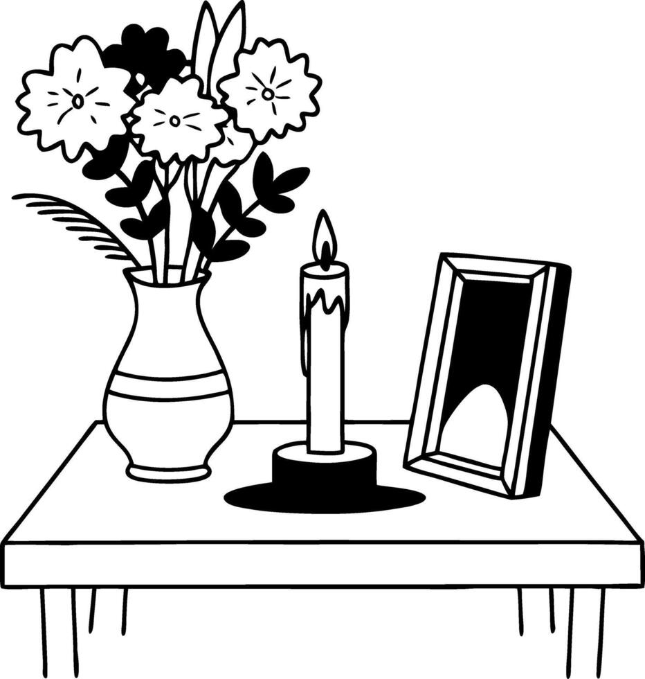 Illustration Memorial Table Setup with Flowers Candle and Picture Frame vector