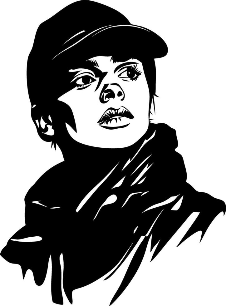 Dramatic Monochrome Portrait of a Woman in Cap and Scarf Art vector
