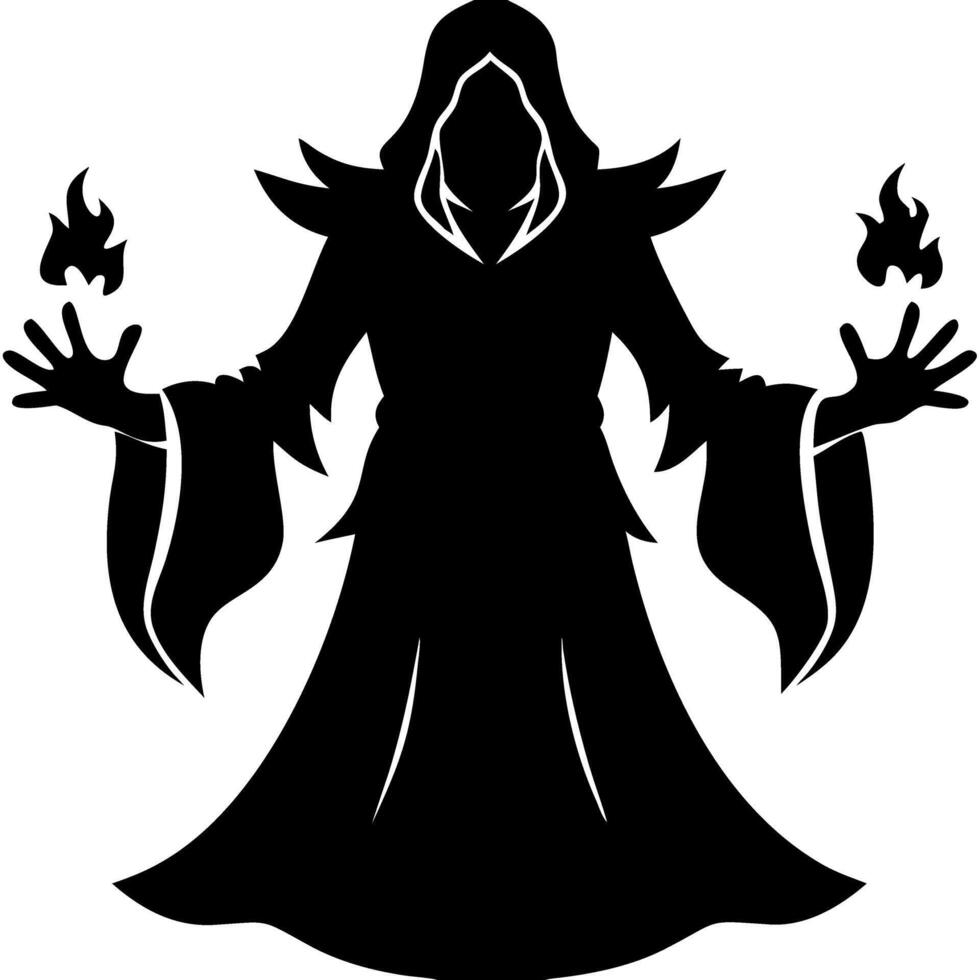 Mysterious Hooded Figure Casting Magic Flames Illustration vector