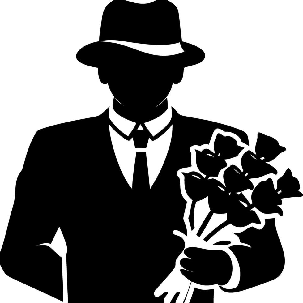 Mysterious Man Holding Roses Silhouette in Suit and Hat vector