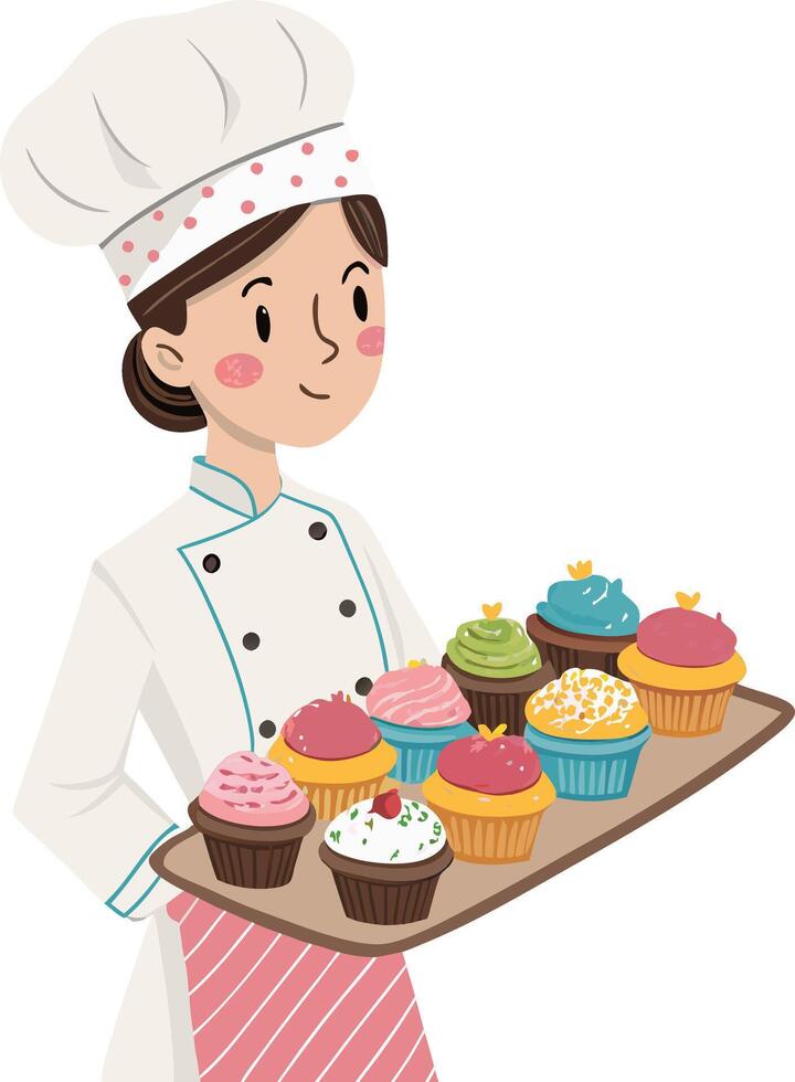 Pastry Chef Holding Colorful Cupcakes Illustration for Bakery Art and Design vector