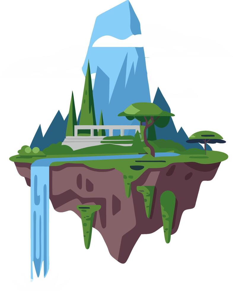 Floating Island with Waterfall and Mountain Illustration vector