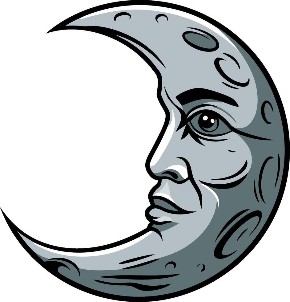 Crescent Moon Face Art Illustration for Tattoo and Coloring Book Design vector