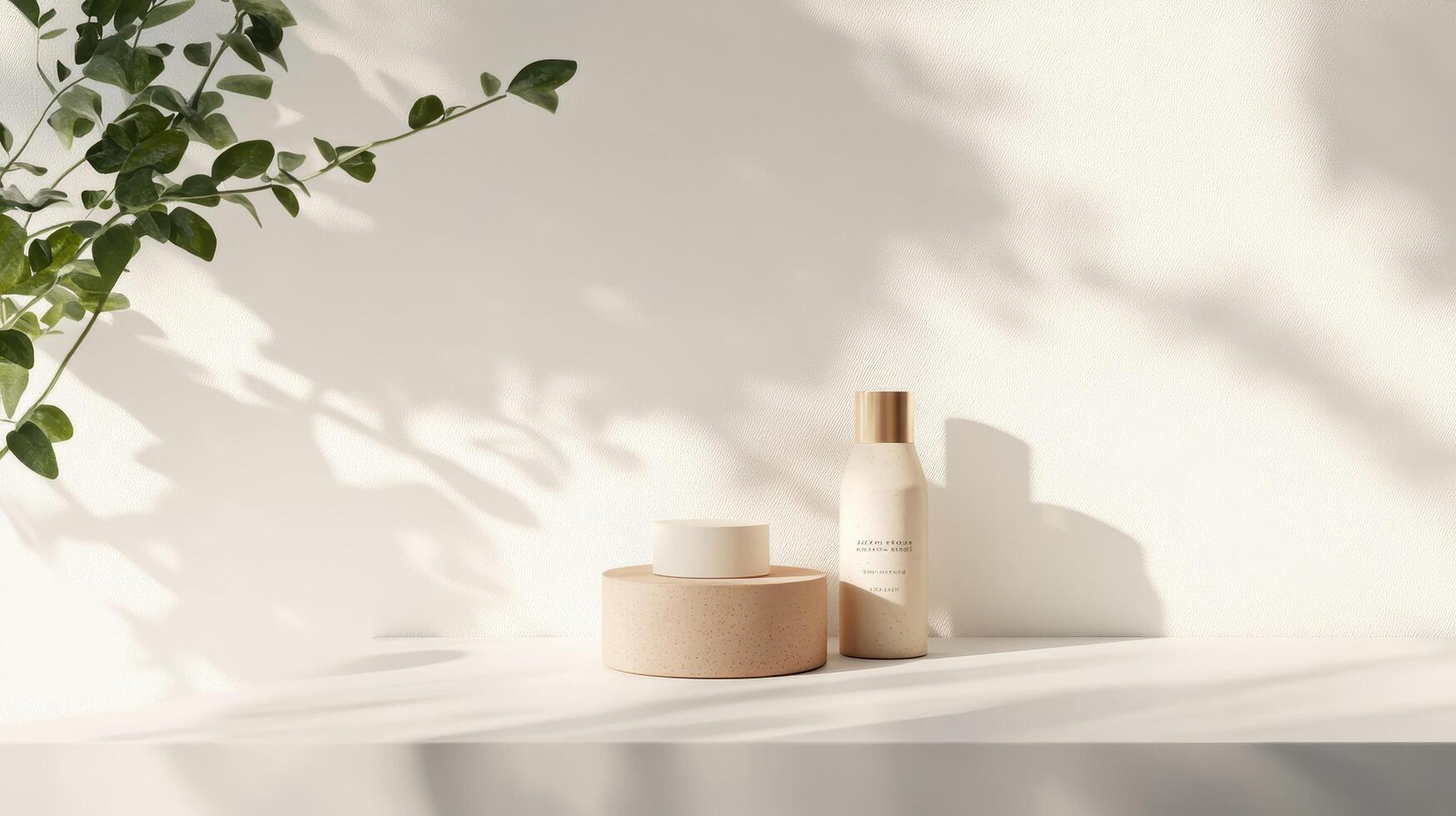 A bottle of shampoo and a plant on a table photo