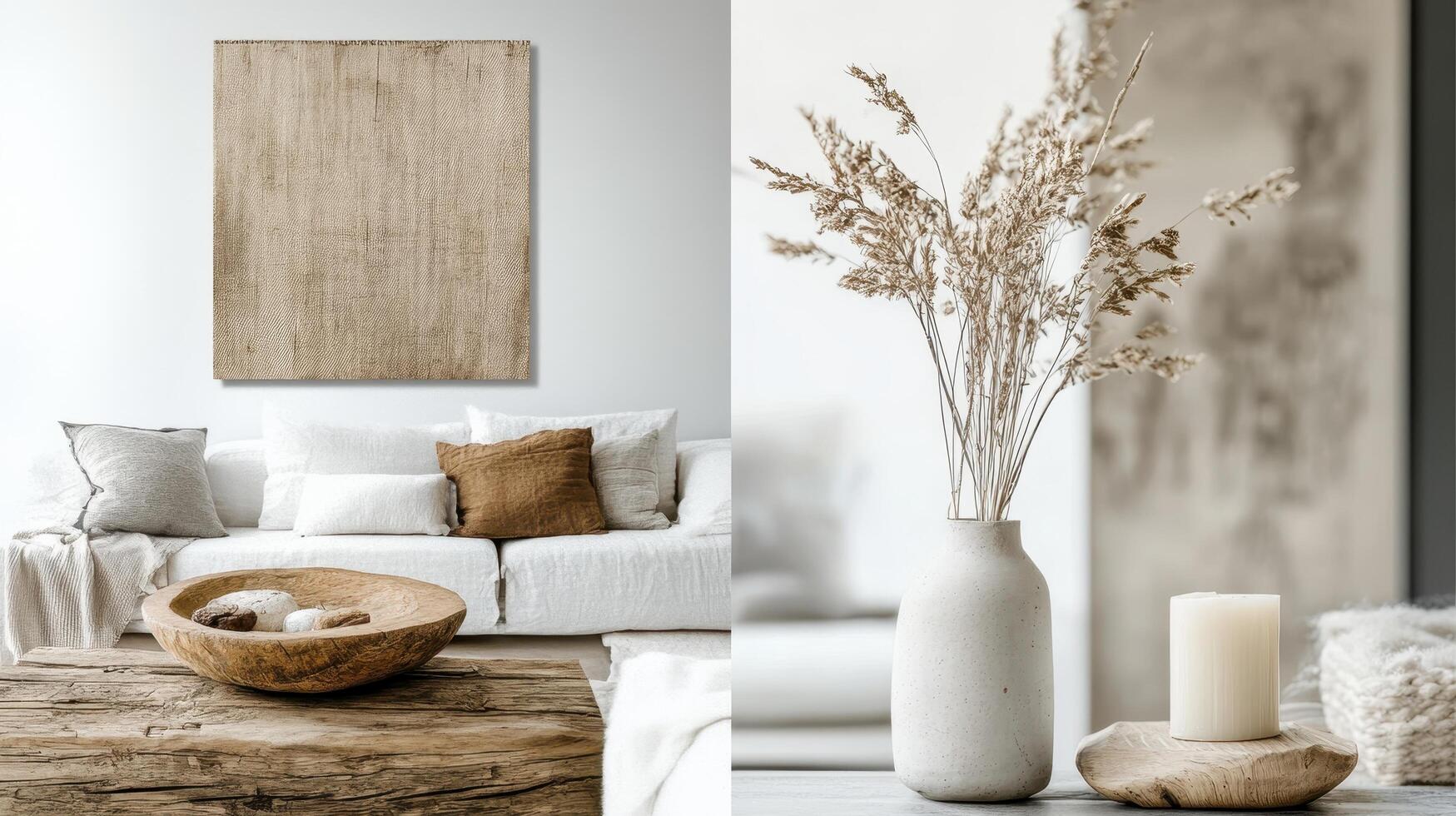 A living room with a wooden table, white couch and a wooden wall photo