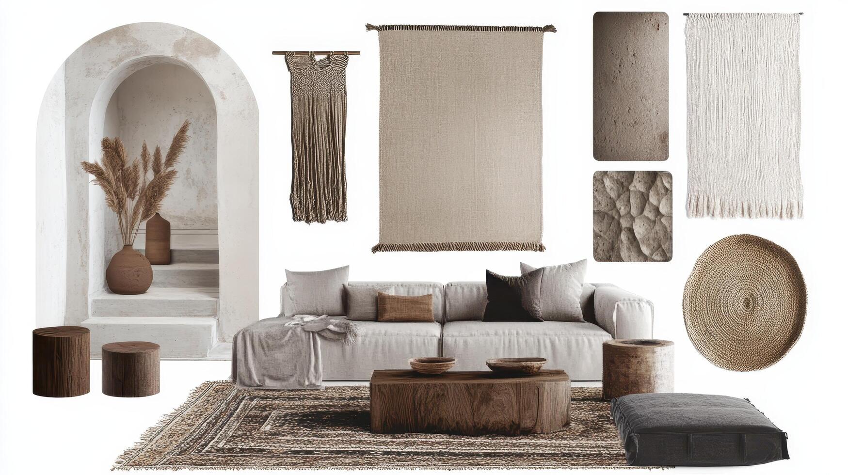 A neutral living room with a sofa, rug, and other items photo