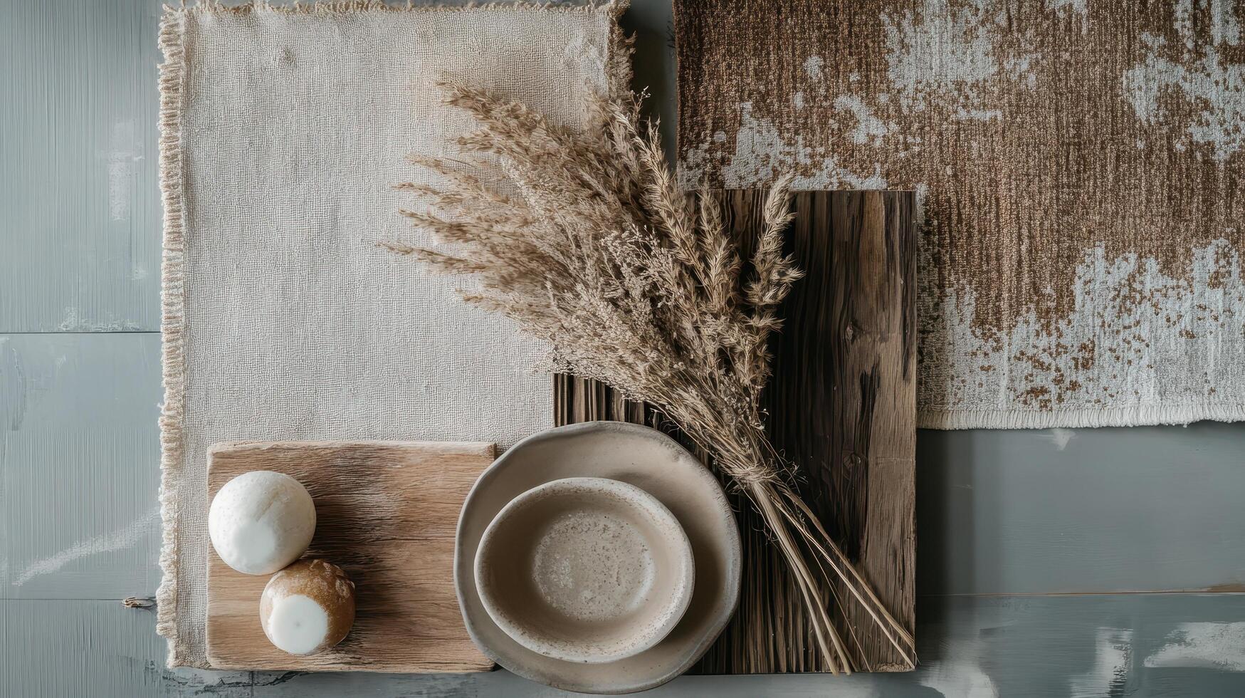 A table with eggs, a bowl and some dried grass photo