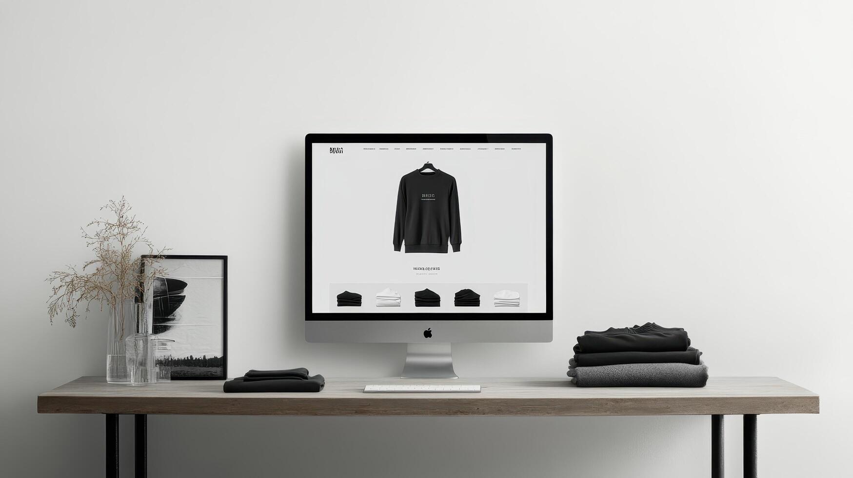 A desktop computer with a black screen and a black shirt photo