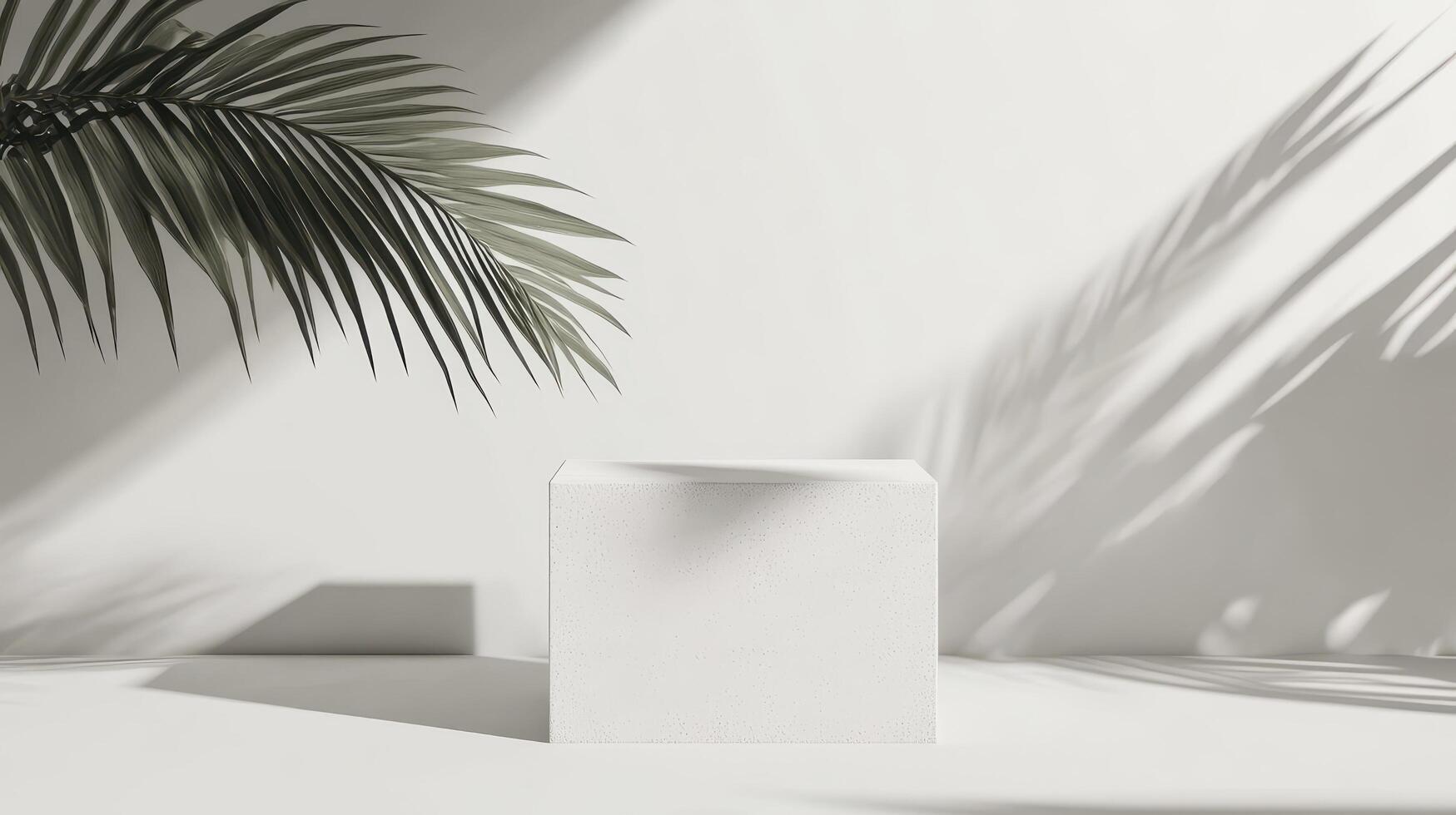 White cube with palm tree on white background photo