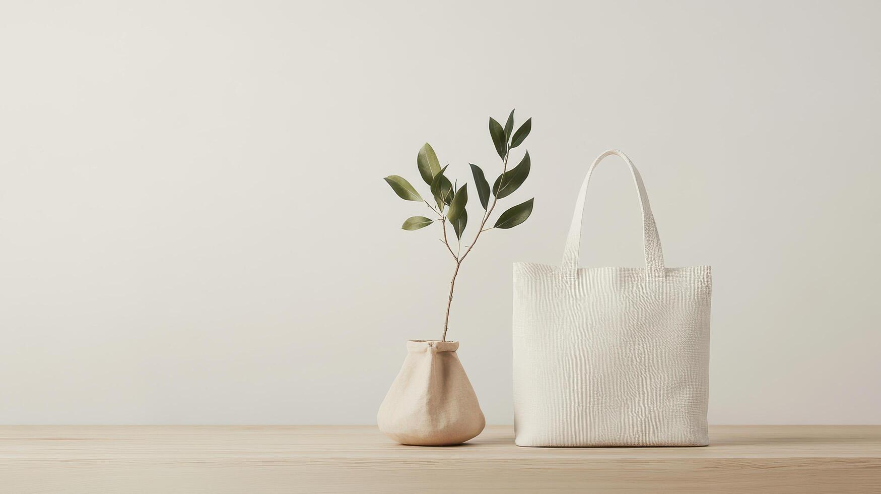 A white bag and a vase with a plant on a table photo