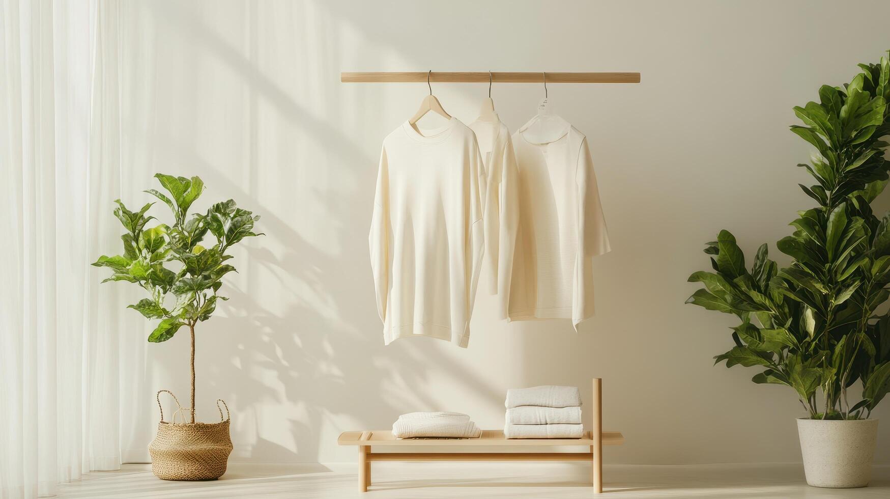 Clothes hanging on a wooden rack in a room photo