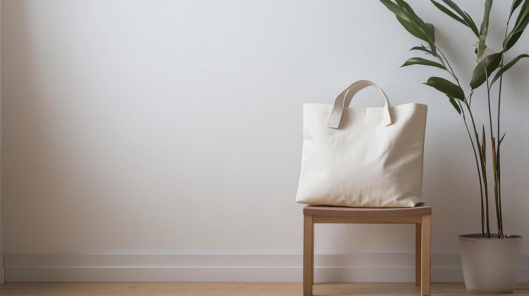 A white bag sitting on a chair next to a plant photo