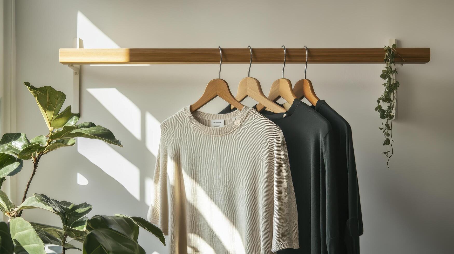 Three shirts hang on a wooden rack in front of a window photo