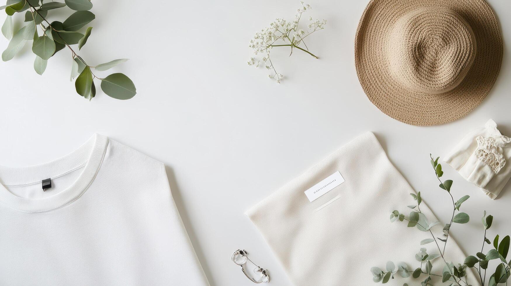 White shirt, hat, sunglasses, and other items laid out on a white surface photo