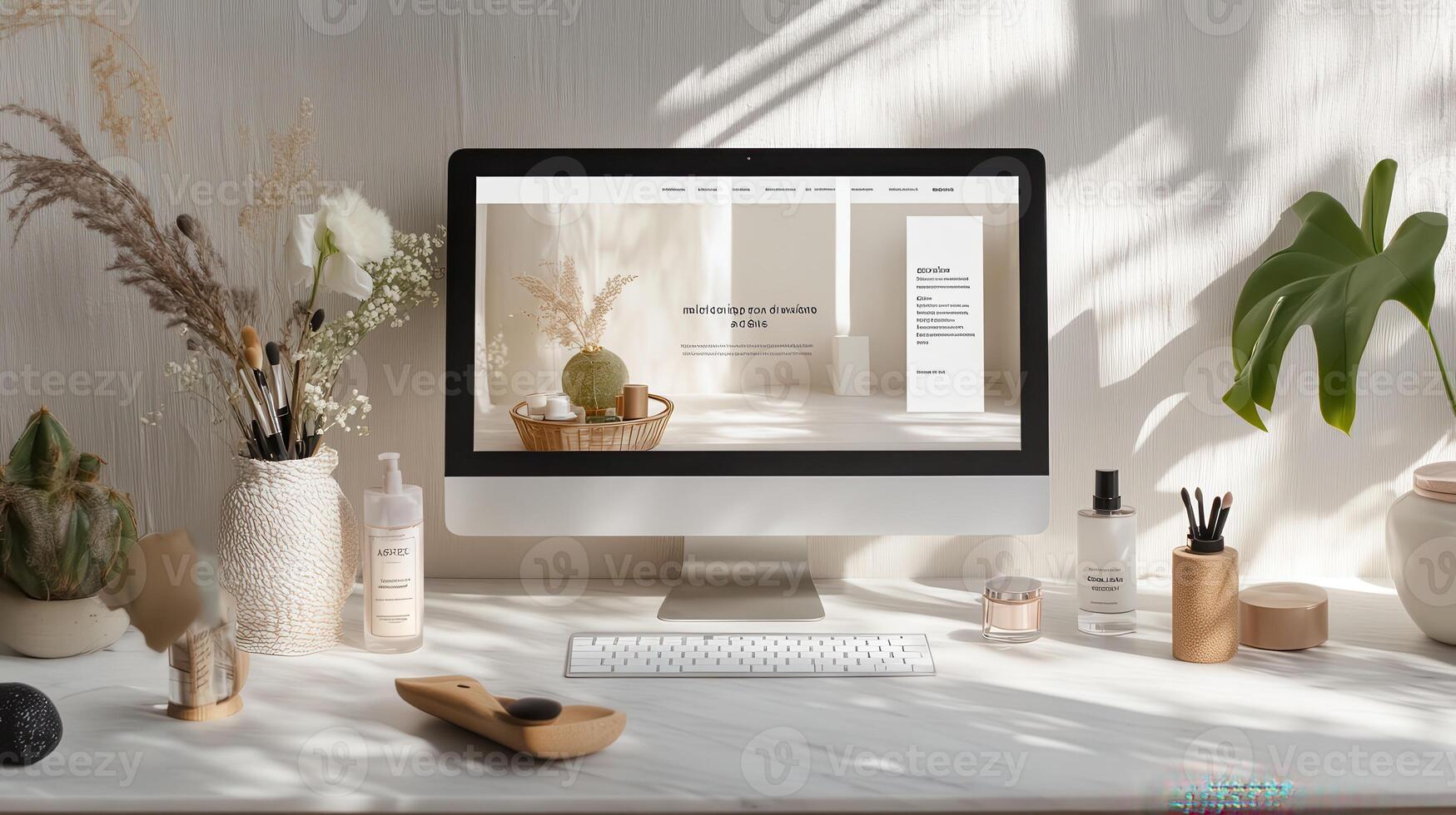 A desktop computer with a white desk and plants photo