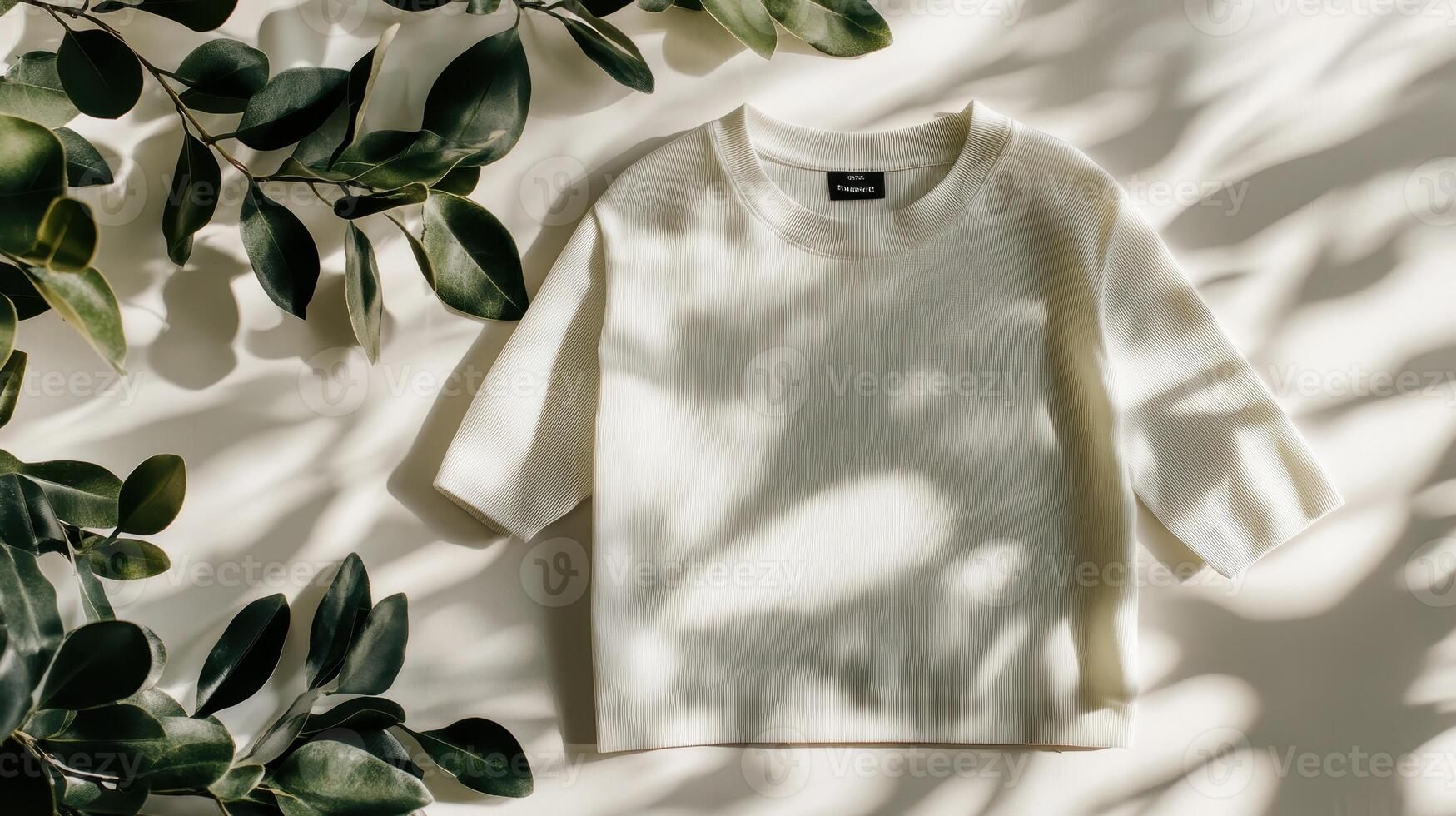 A white sweater is sitting on a table next to a green plant photo