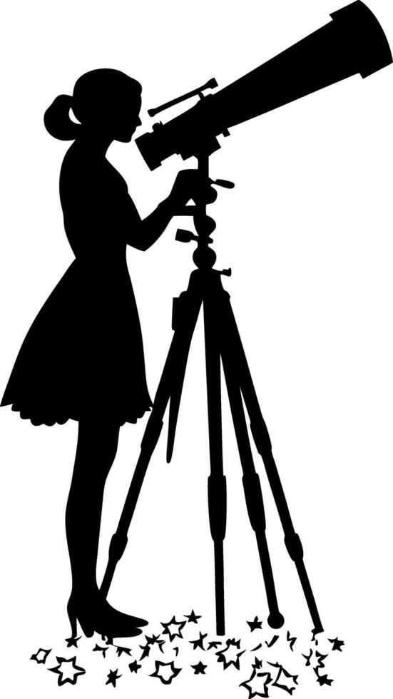 Silhouette of Woman Stargazing with Telescope and Stars for Astronomy vector