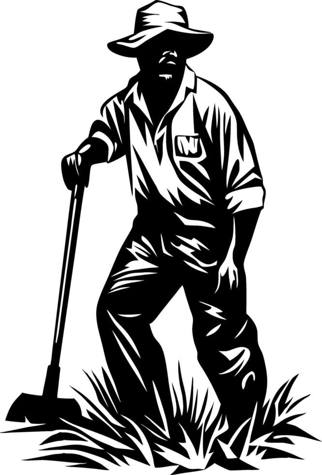 Farmer Silhouette with Shovel in Field Illustration vector