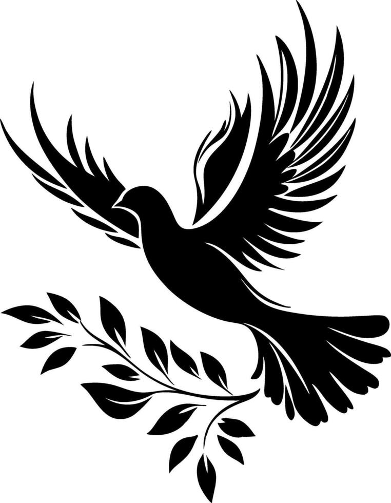 Elegant Flying Dove Silhouette with Olive Branch for Tattoos or Decorative Art vector