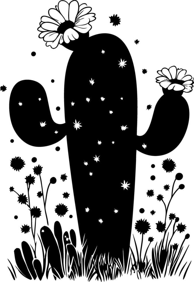 Silhouette Flowering Cactus with Floral Elements Illustration vector