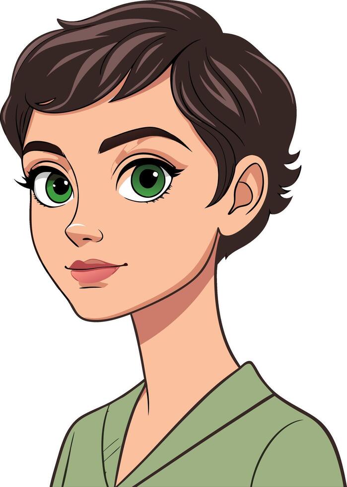 Young Woman with Green Eyes and Short Brown Hair in Illustration vector
