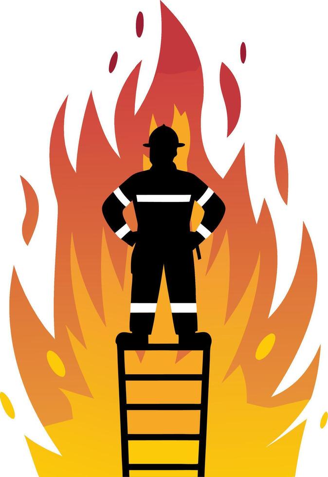 Firefighter Silhouette Standing on Ladder in Front of Flames Illustration vector